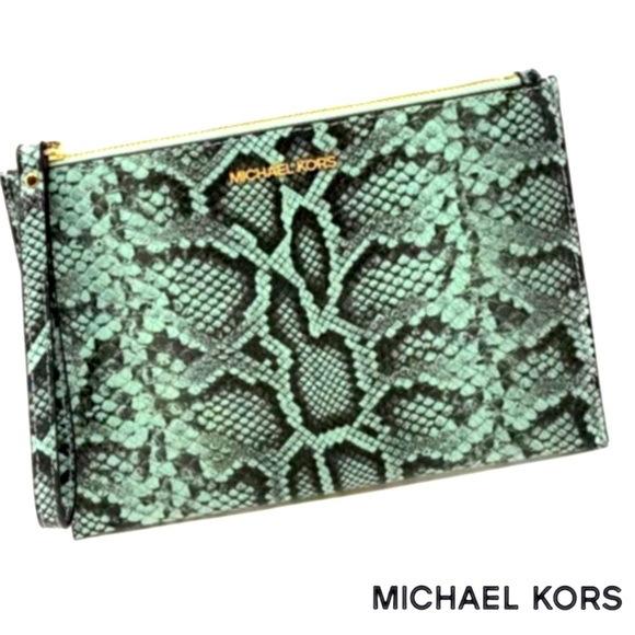 NWT Michael Kors Python XL Zip Clutch - Pale Jade - Picture 1 of 12